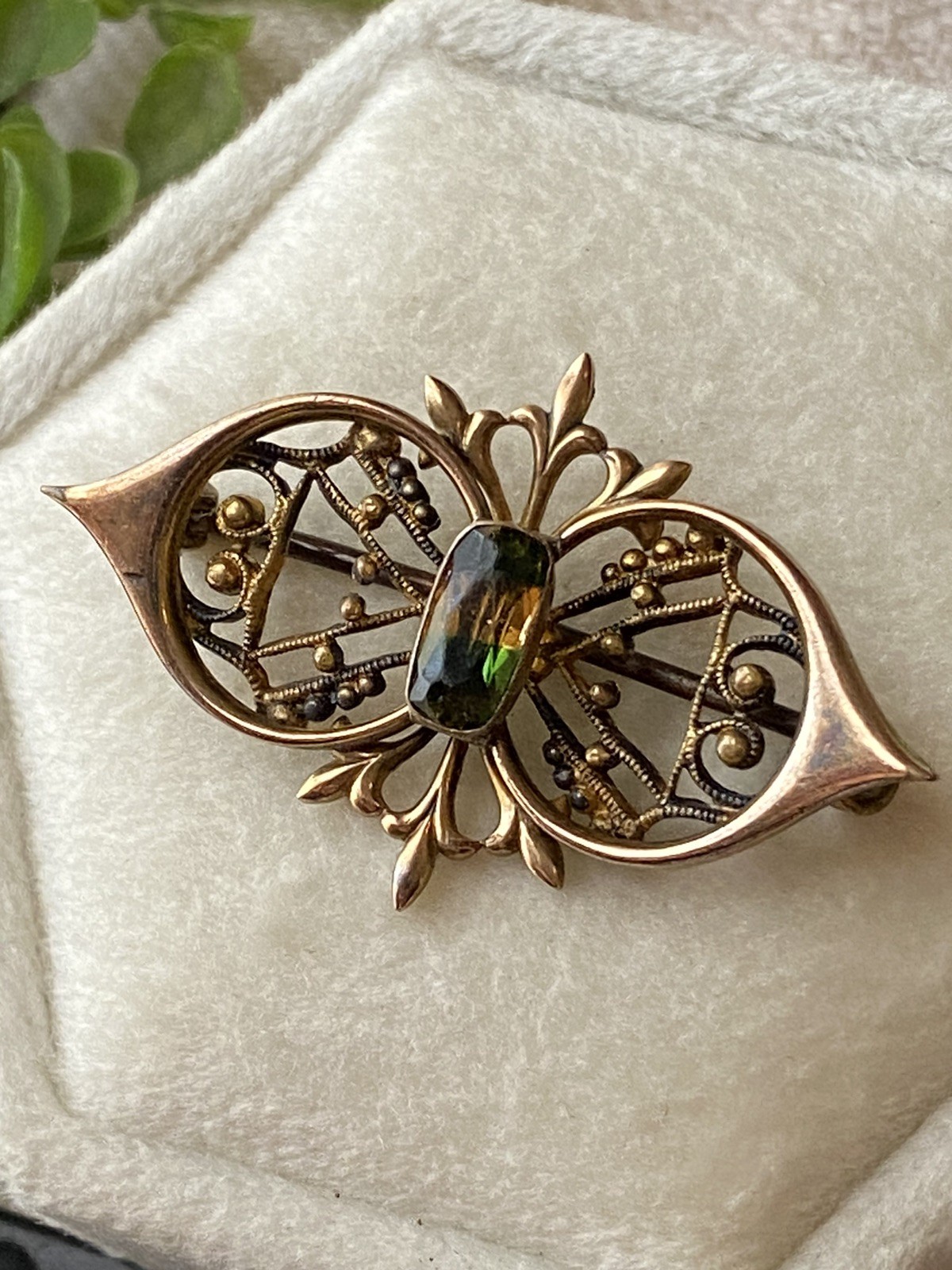 Antique Nouveau GF Rare Tri-colored Green Stone C-Clasp Brooch Pin Mourning