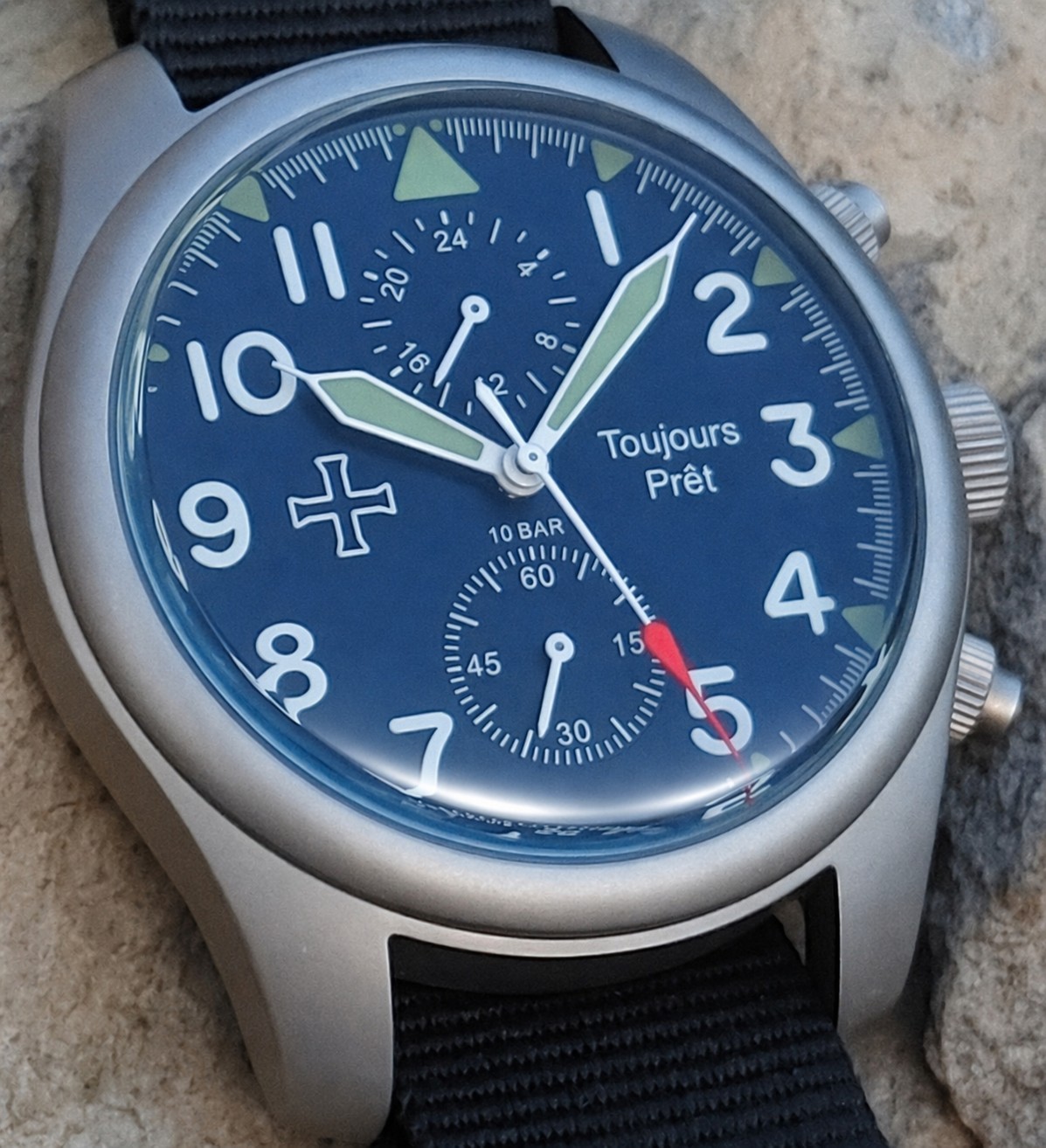 Toujours Pret GMT military field watch. Blasted stainless steel – domed crystal