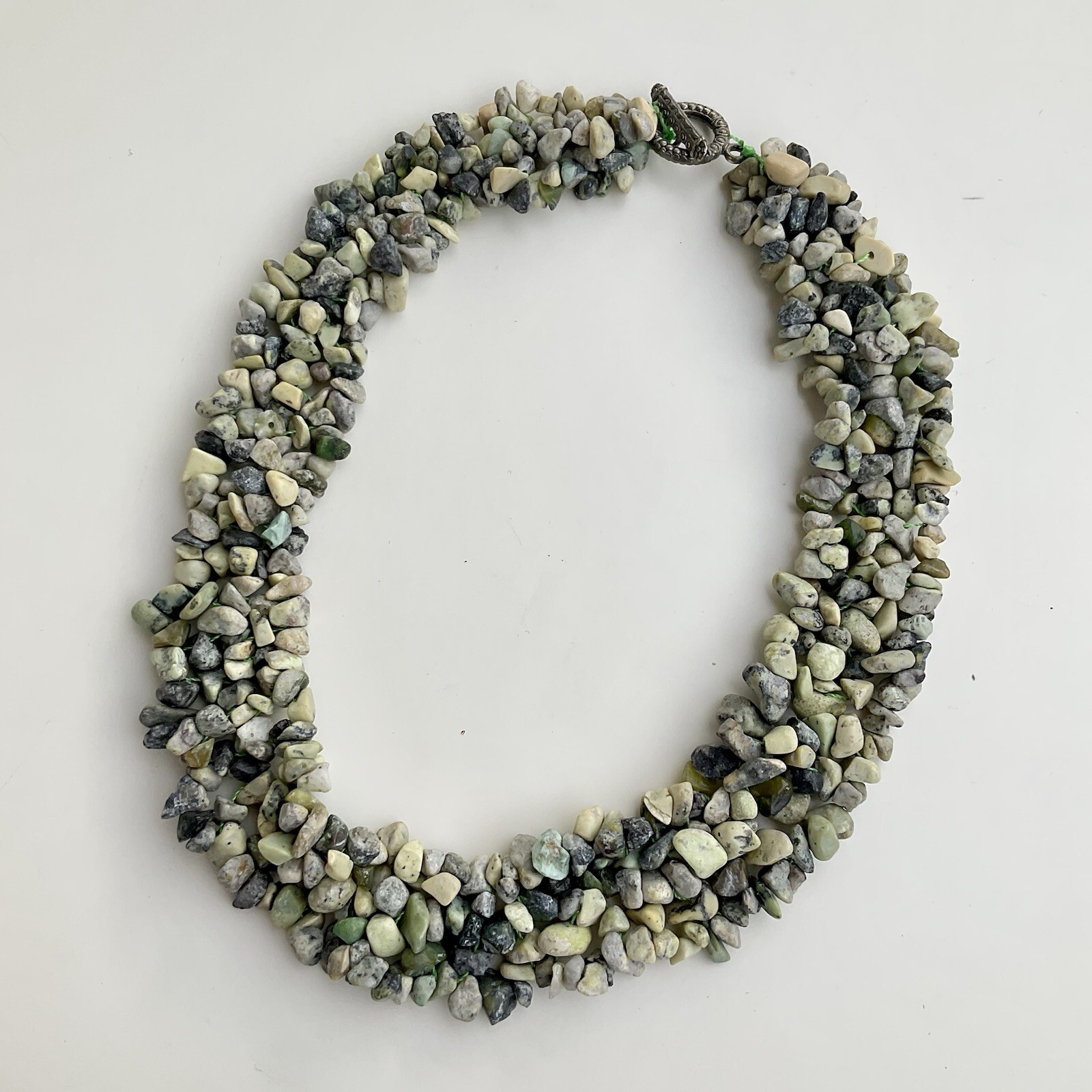 Handcrafted Green & Beige Chipped Gemstone Collar Statement Necklace, 17 Inches