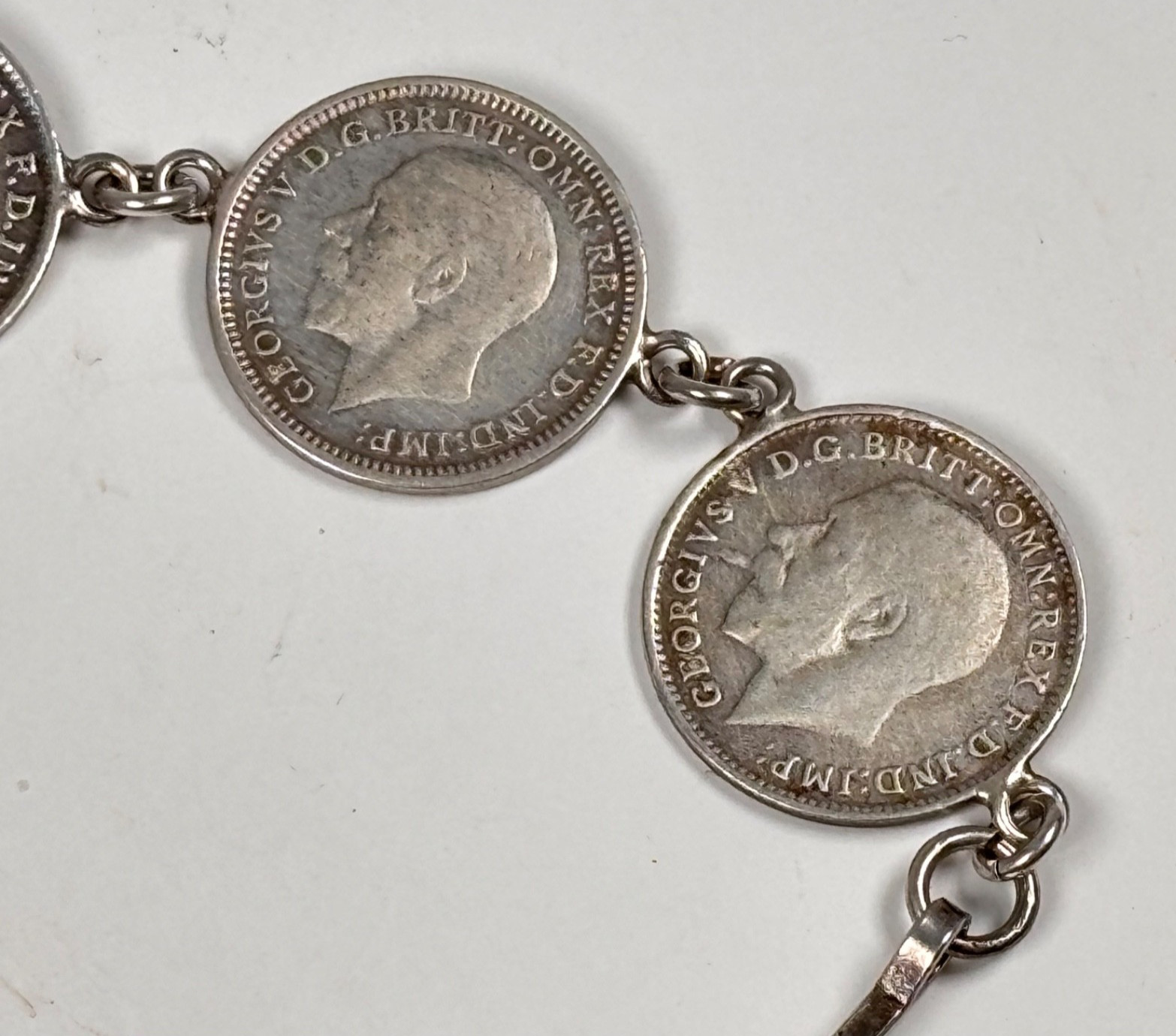 Vintage Silver Charm Bracelet King George V Three Pence Coins British Retro
