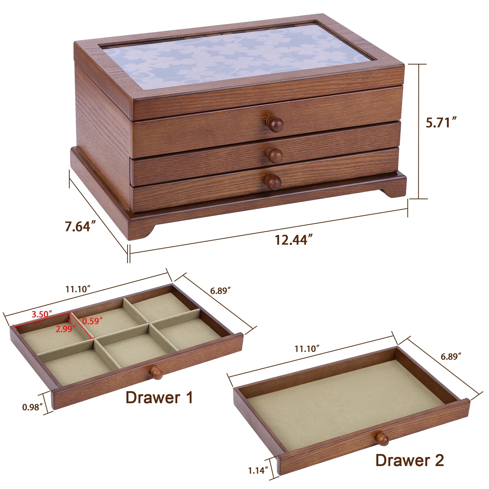 Kendal 3 Layer Wooden Jewelry Box Jewelry Holder Organizer w/ Four Leaf Pattern