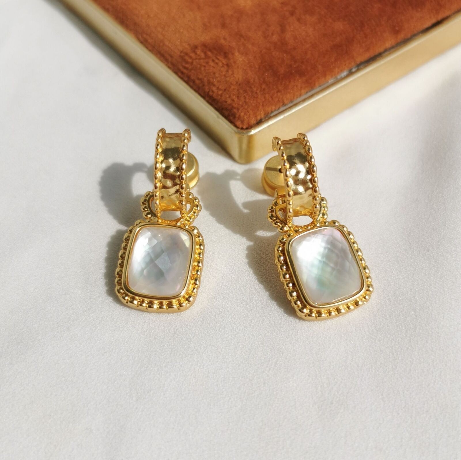 Julie Vos Elegance Gold Marbella Square Shell Freshwater Pearls Earings