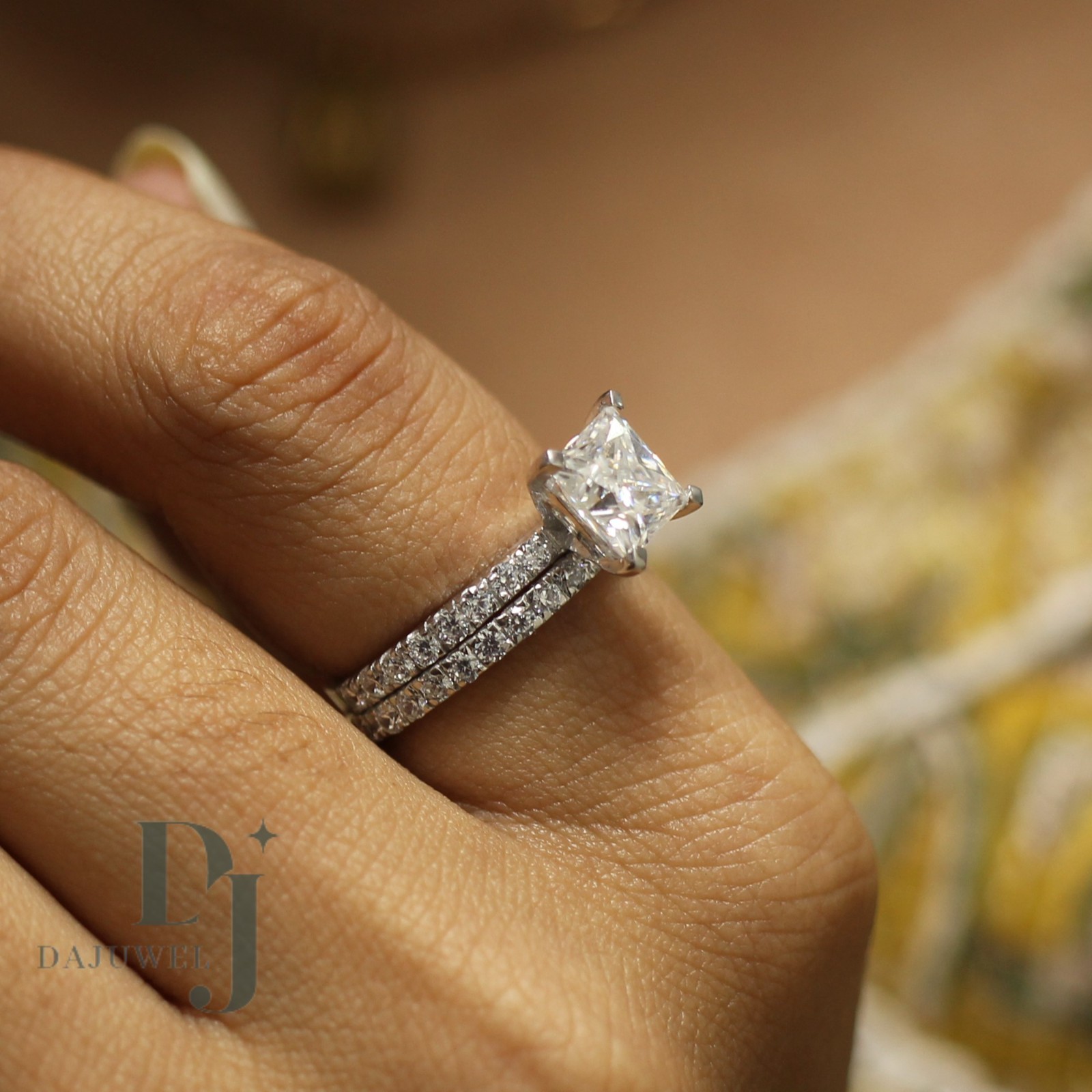Moissanite Bridal Set Engagement Ring Princess Cut 3 Carat Solid 14K White Gold