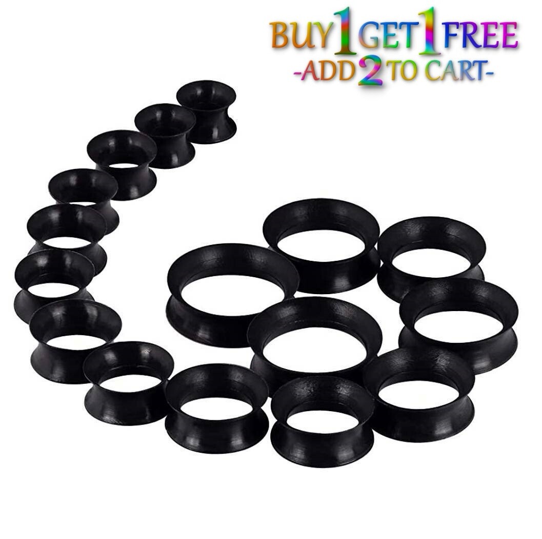 Pair 8g-40mm BLACK SILICONE EARSKIN TUNNELS Double Flare Gauges Thin Flesh 3052
