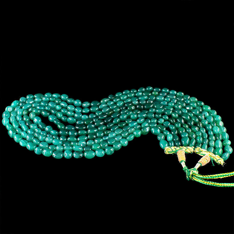 700.00 Cts Earth Mined 5 Line Green Emerald Oval Shape Beads Necklace GIFT