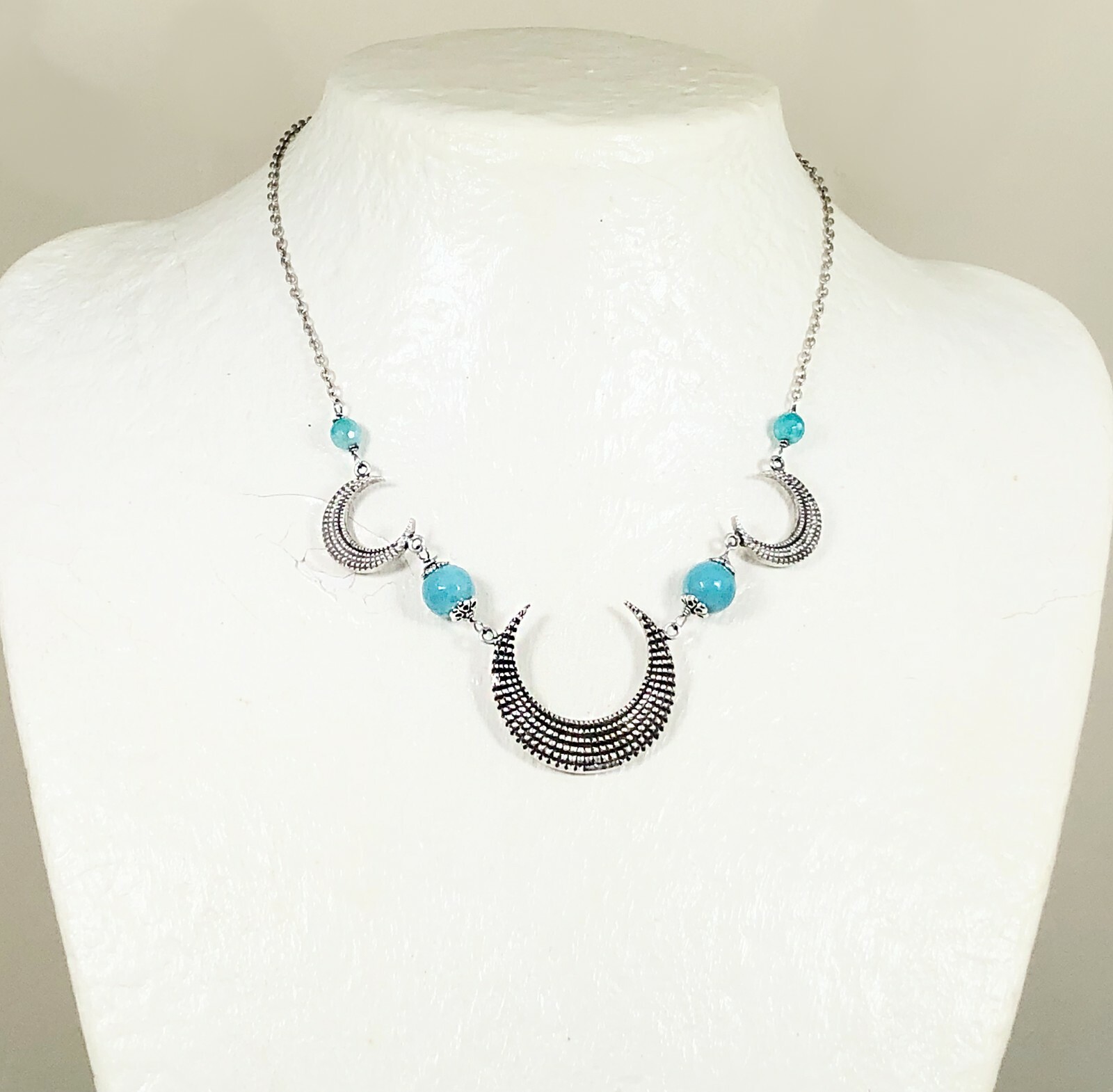 Antique Silver Half Moon Statement Necklace with Faceted Mystic Coated Turquoise