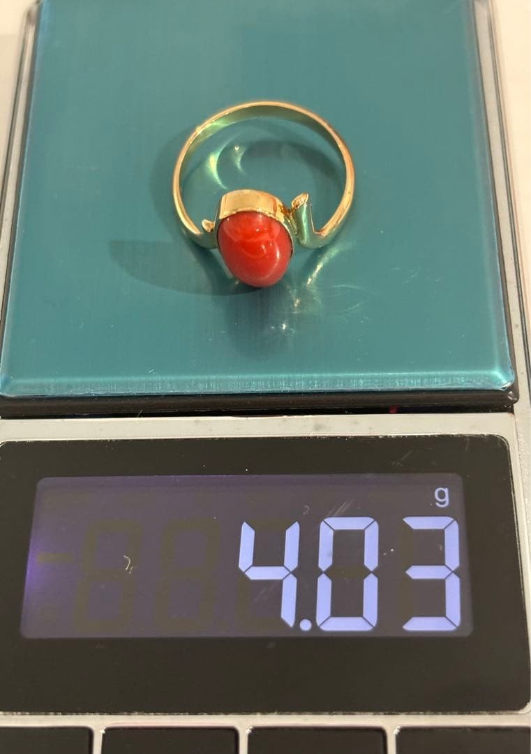 18k Yellow Gold 14.6×8.4mm Natural Japanese Blood Red Coral Ring 4.03g US:8.75