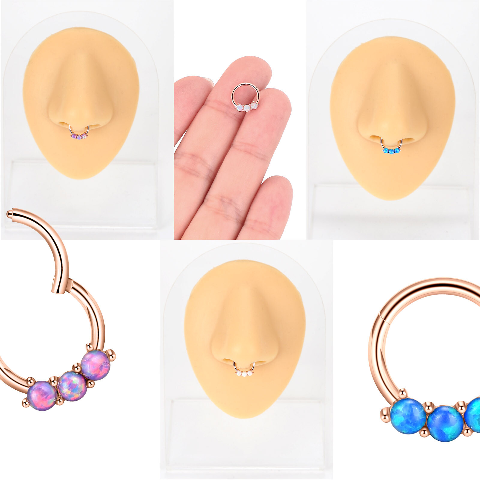 Opal Gem HINGED Segment Nose Ring Surgical Steel Septum Clicker Daith Hoop- ONE