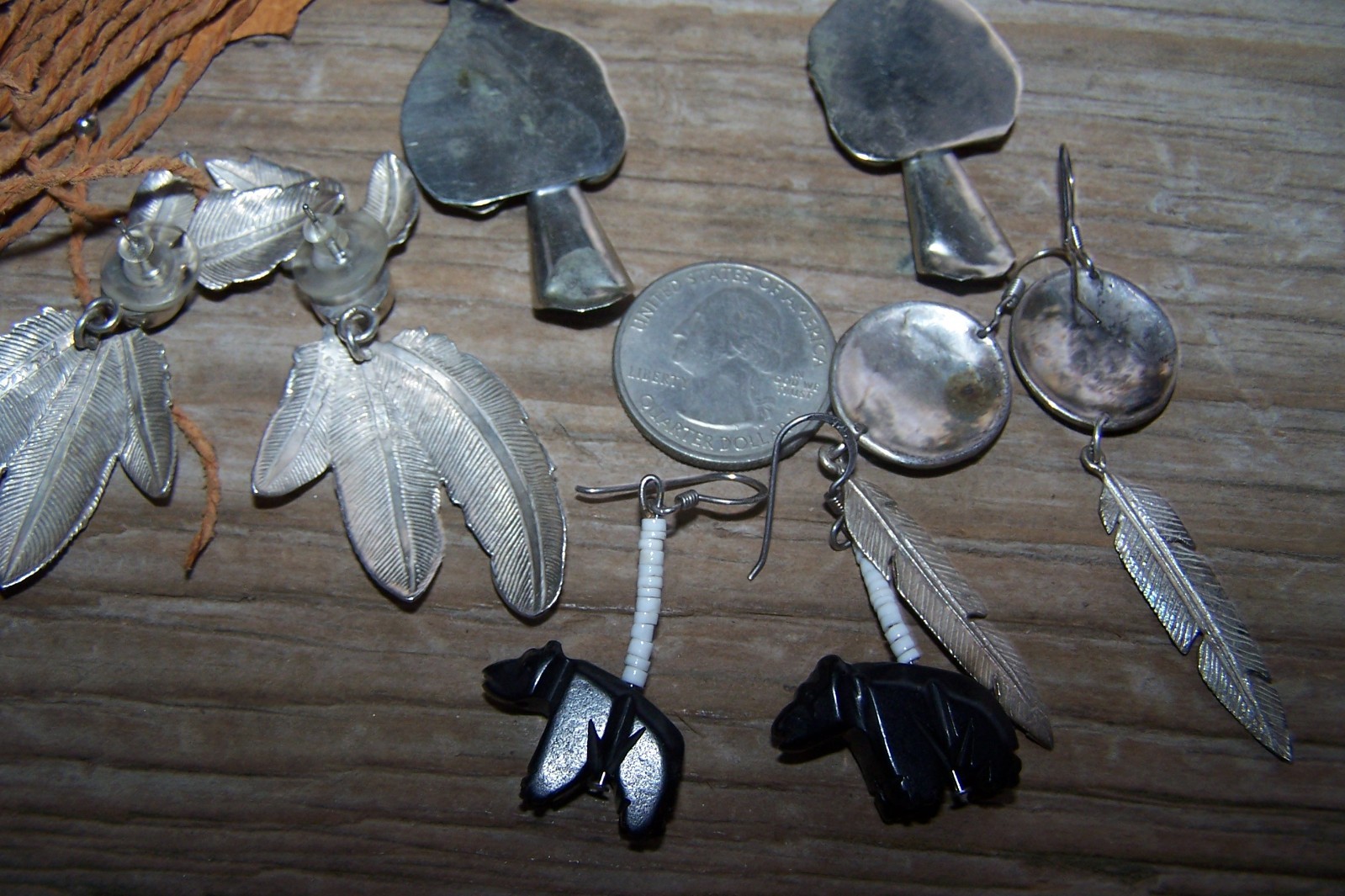 Southwestern Nickle Silver Stone Fetish Feather Squash Blossom Earrings Lot of 6