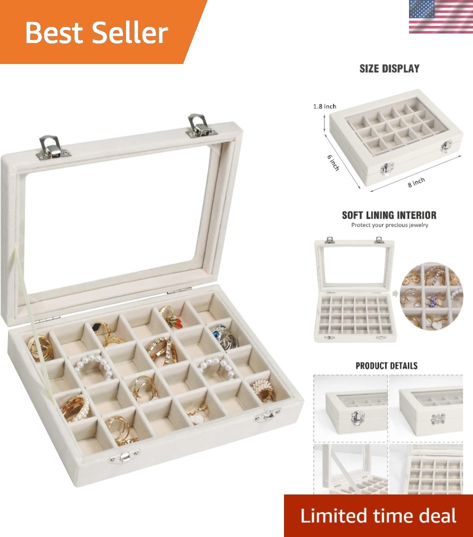 Portable Velvet Jewelry Box with Glass Lid – 24-Grid Holder for Accessories