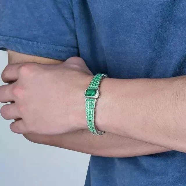 925 Sterling Silver Princess Cut Lab Created Green Emerald Men’s Tennis Bracelet