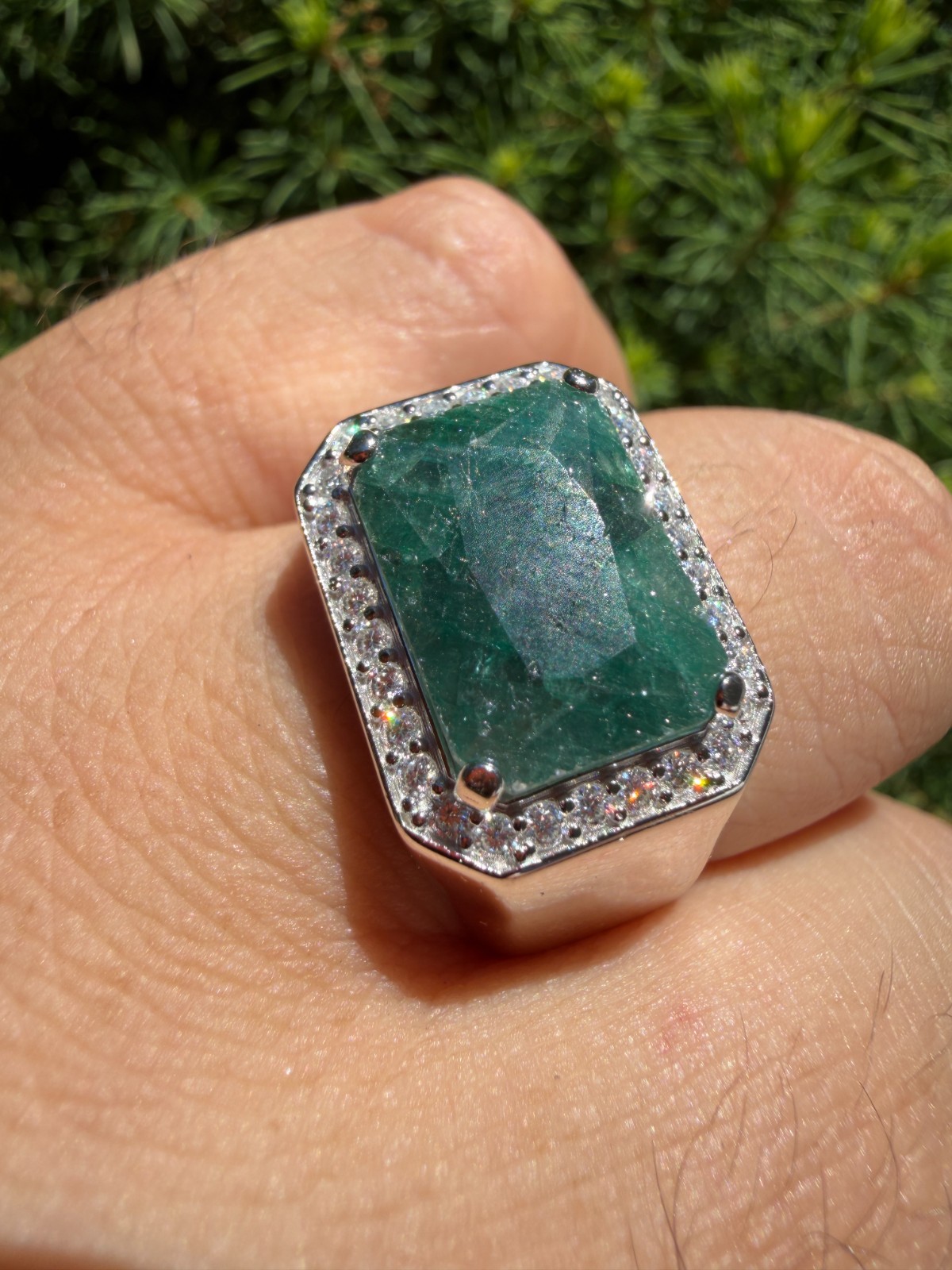 MOISSANITE Iced Natural 9ct Rectangle Green Emerald Stone Ring 925 Silver