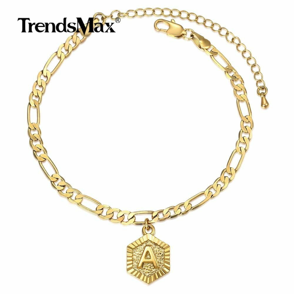 5mm Gold Plated Figaro Chain Initial Charm Anklet Bracelet Stainless Steel Ankle