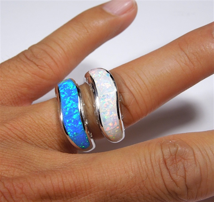 Blue or White Inlay Fire Opal on Solid 925 Sterling Silver Ring Size 6,7,8,9