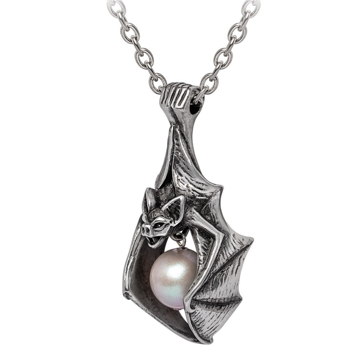 Alchemy Gothic Vampire’s Eye Pendant Hanging Bat Holding Pearl Necklace P966 NWT