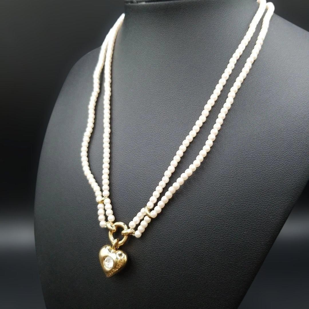 GIVENCHY Pearl Heart Motif Necklace Pendant Gold Tone Length 40cm Accessory