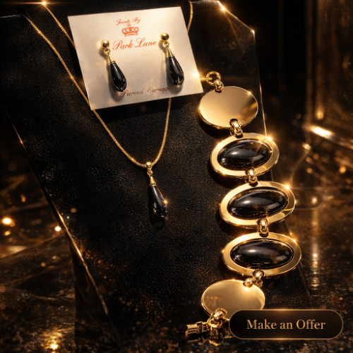 VTG Park Lane Sable Gold Tone Black Onyx Teardrop Necklace, Bracelet & Earrings
