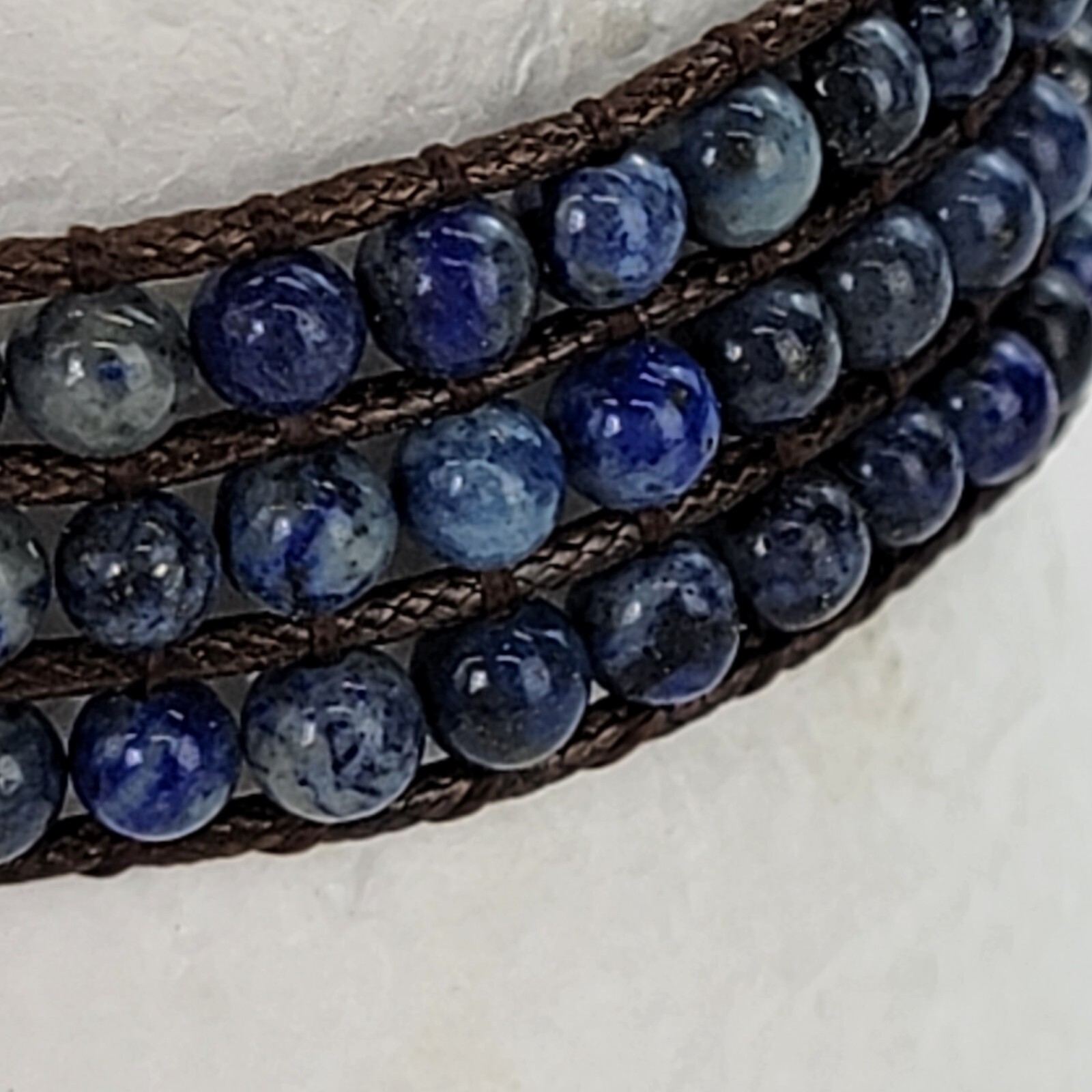 Lapis Lazuli Beaded Wrap Bracelet 6.5″ Brown Leather Cord Toggle Clasp Boho