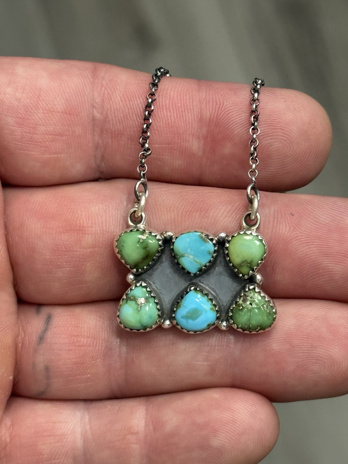 STERLING SILVER SONORAN GOLD TURQUOISE 2 ROW 6 STONE CLUSTER BAR NECKLACE .925