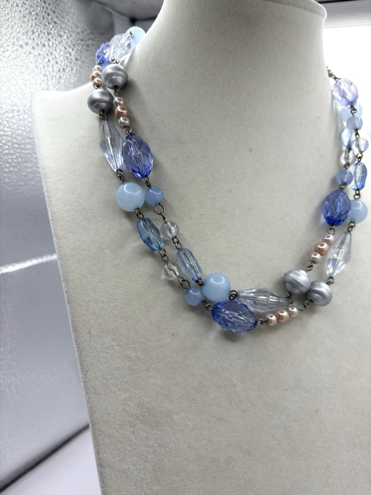 Periwinkle Blue, Silver & Champagne Colored Beaded Layered Necklace Silver Tone