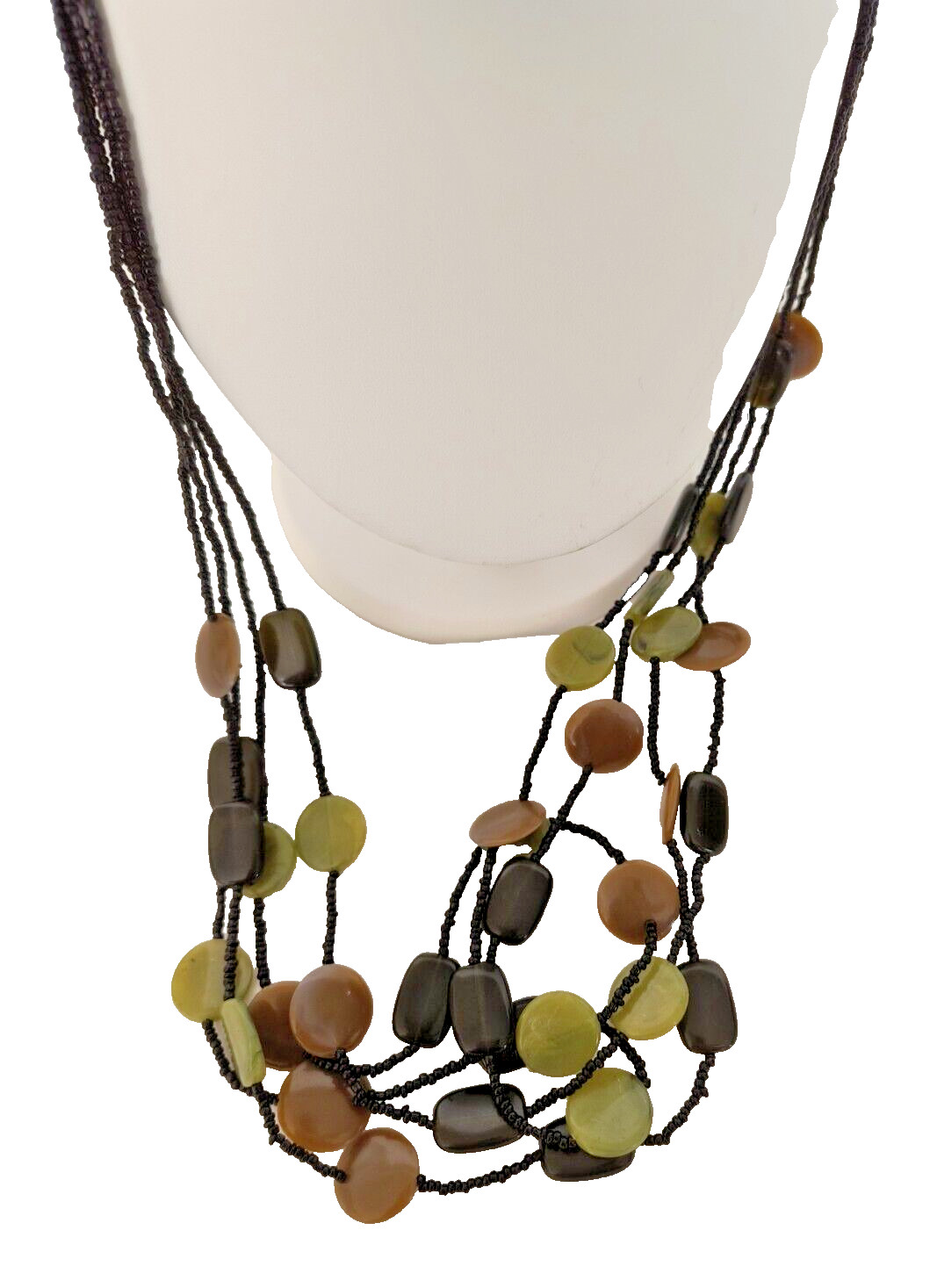 Women’s Necklace Beaded Multistrand Black Brown Green Black Discs Vintage