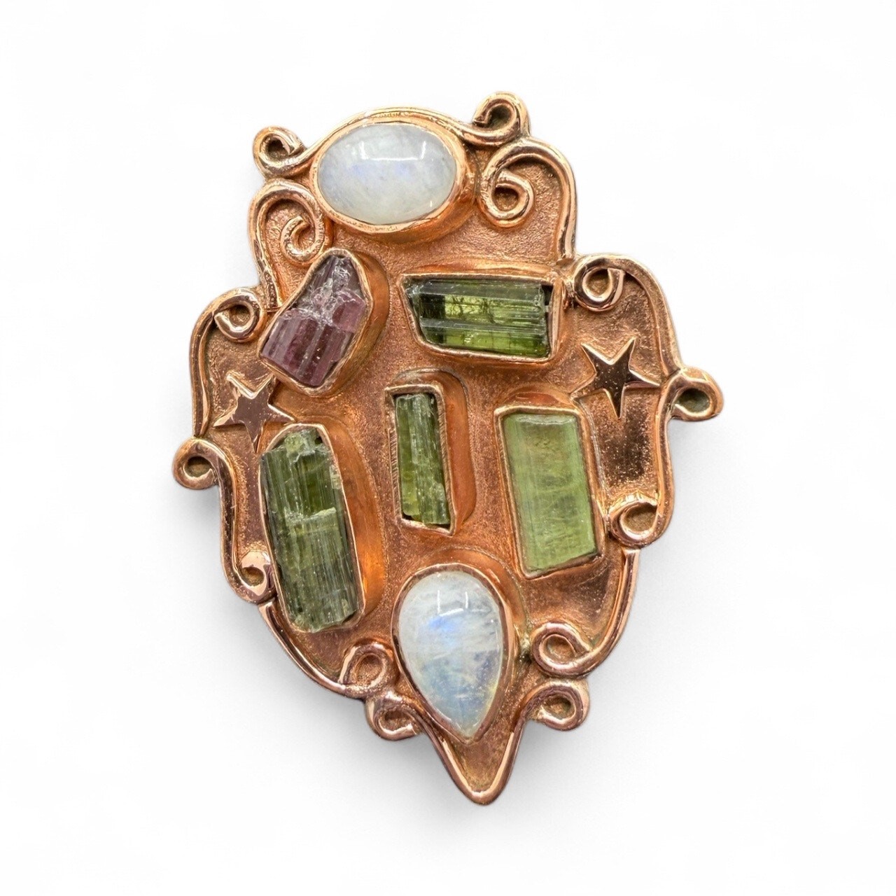 Pink Green Tourmaline Moonstone Wide Band Copper Ring Sz 8.25 Handmade Artisan