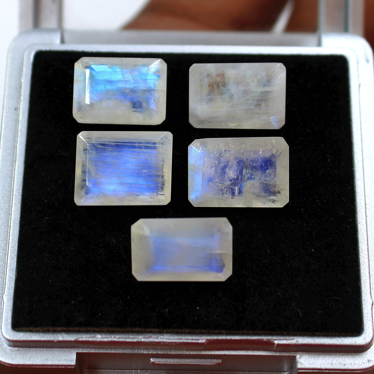 5 Pcs Natural Rainbow Moonstone Top Quality 13-13.7mm Baguette Cut Gemstones Lot