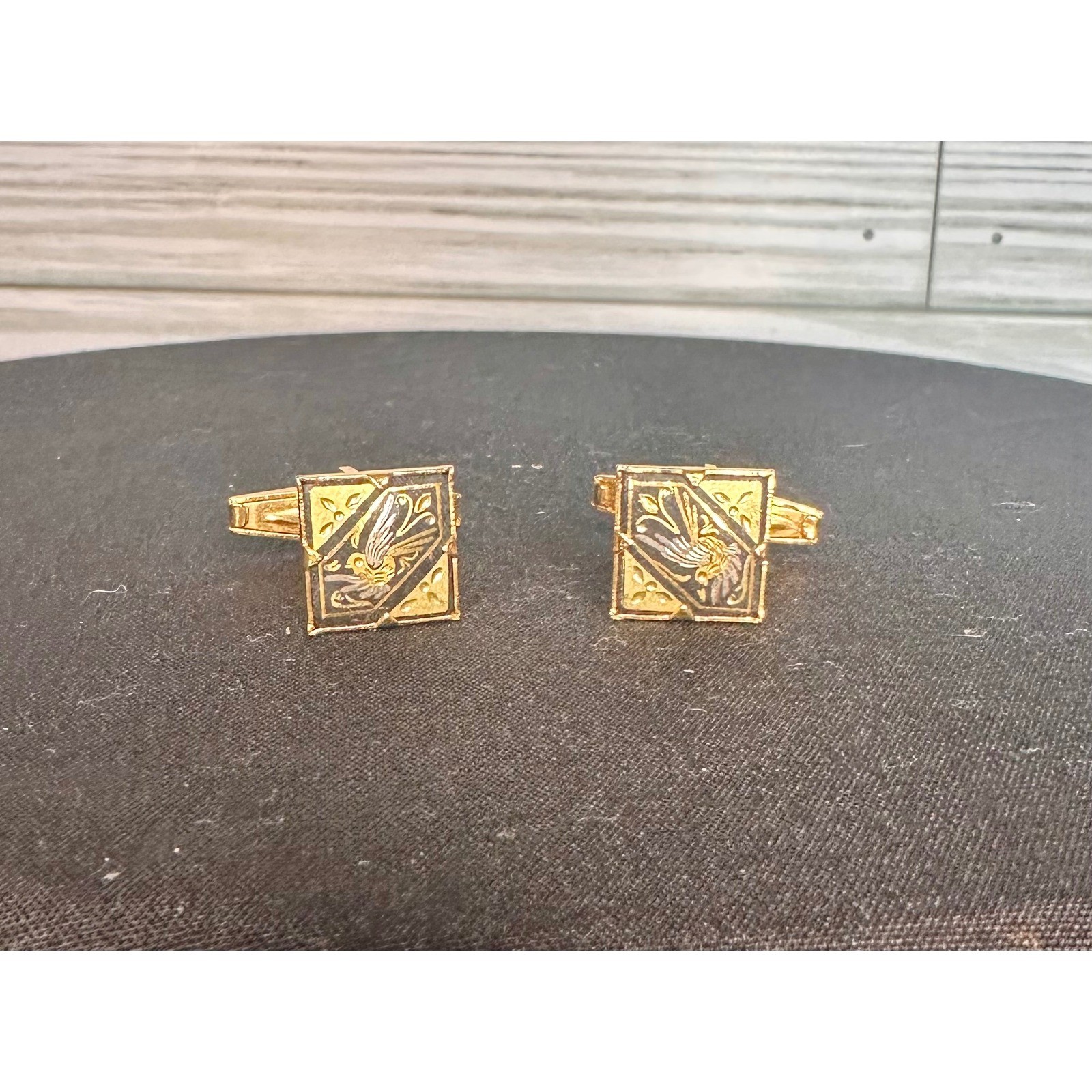 Spanish Damascene Vintage Gold Tone & Black Cufflinks Etched Bird/Floral Motif