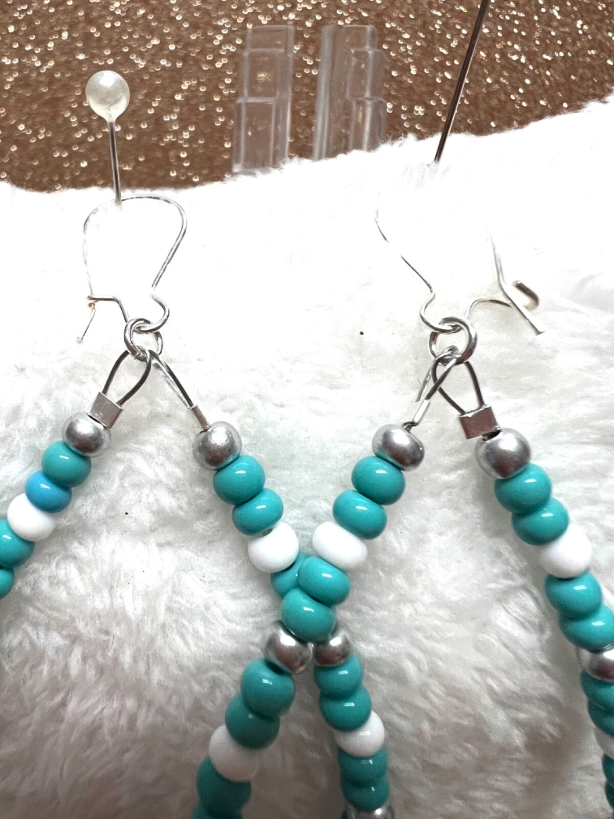 Silver Seed Bead Teardrop Sterling Earrings W Turquoise Roundelle Beads 3.5 In