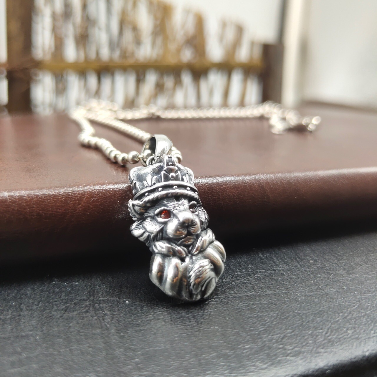 S925 Sterling Silver ROYAL CAT King Pendant Crown Red Eyes Gothic Thai Solid