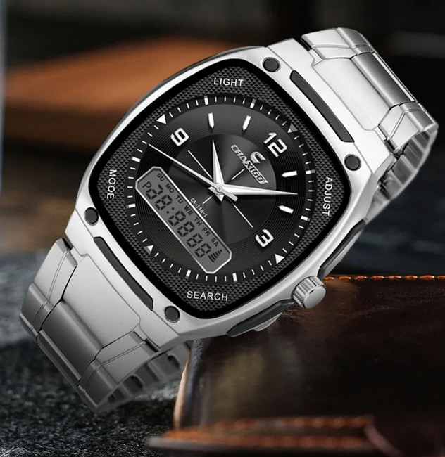 Men’s Alloy Square Watch Dual Display Quartz + Electronic Multi Functions 3Atm