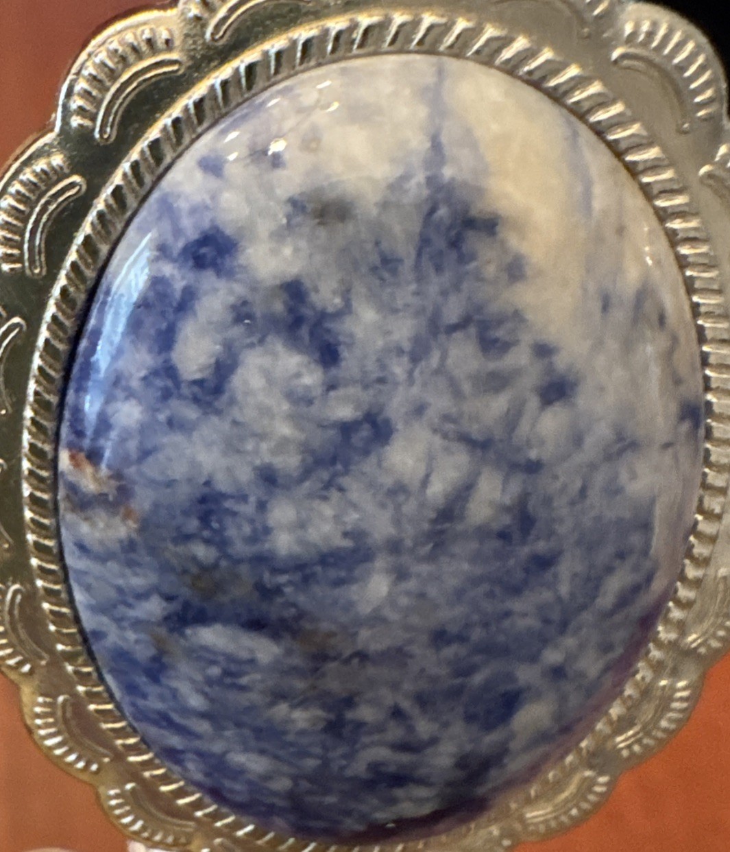 Silver Tone Blue White Sodalite Gemstone Oval Pendant Statement Necklace 905