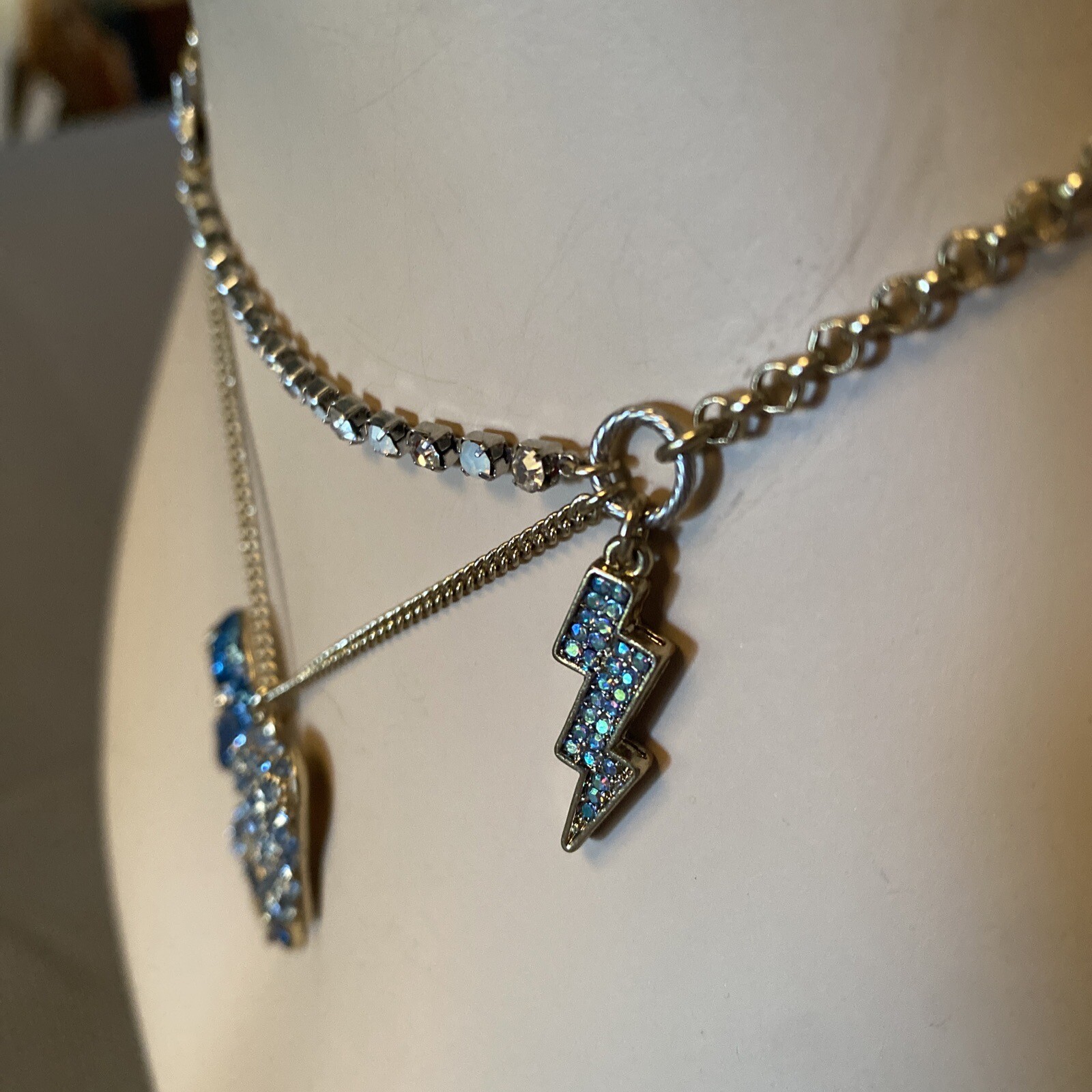 BETSEY JOHNSON Necklace HEAVENS TO BETSEY BLUE PAVE CRYSTAL Lightening Bolt, Bow