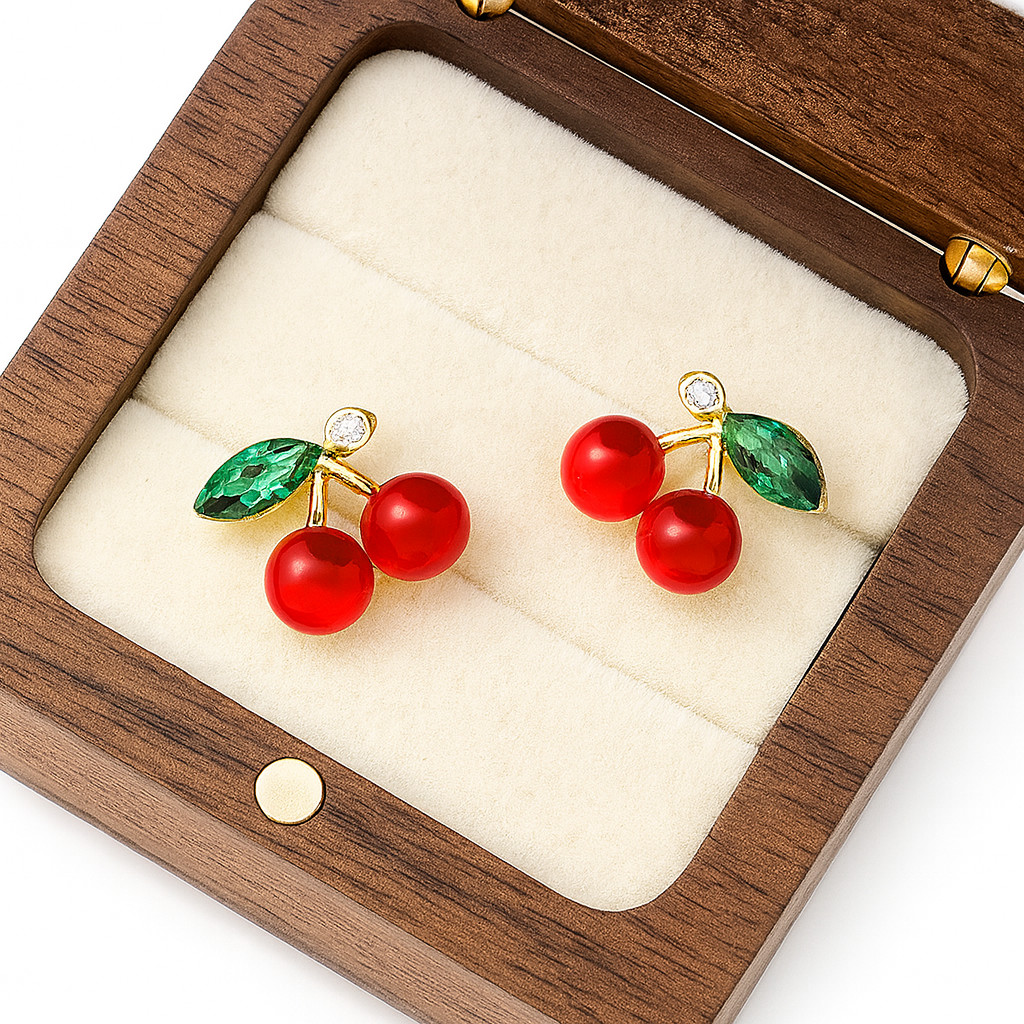Red Cherry Stud Earrings Green Leaf Gold Tone – Dainty Fruit Studs S925 Post