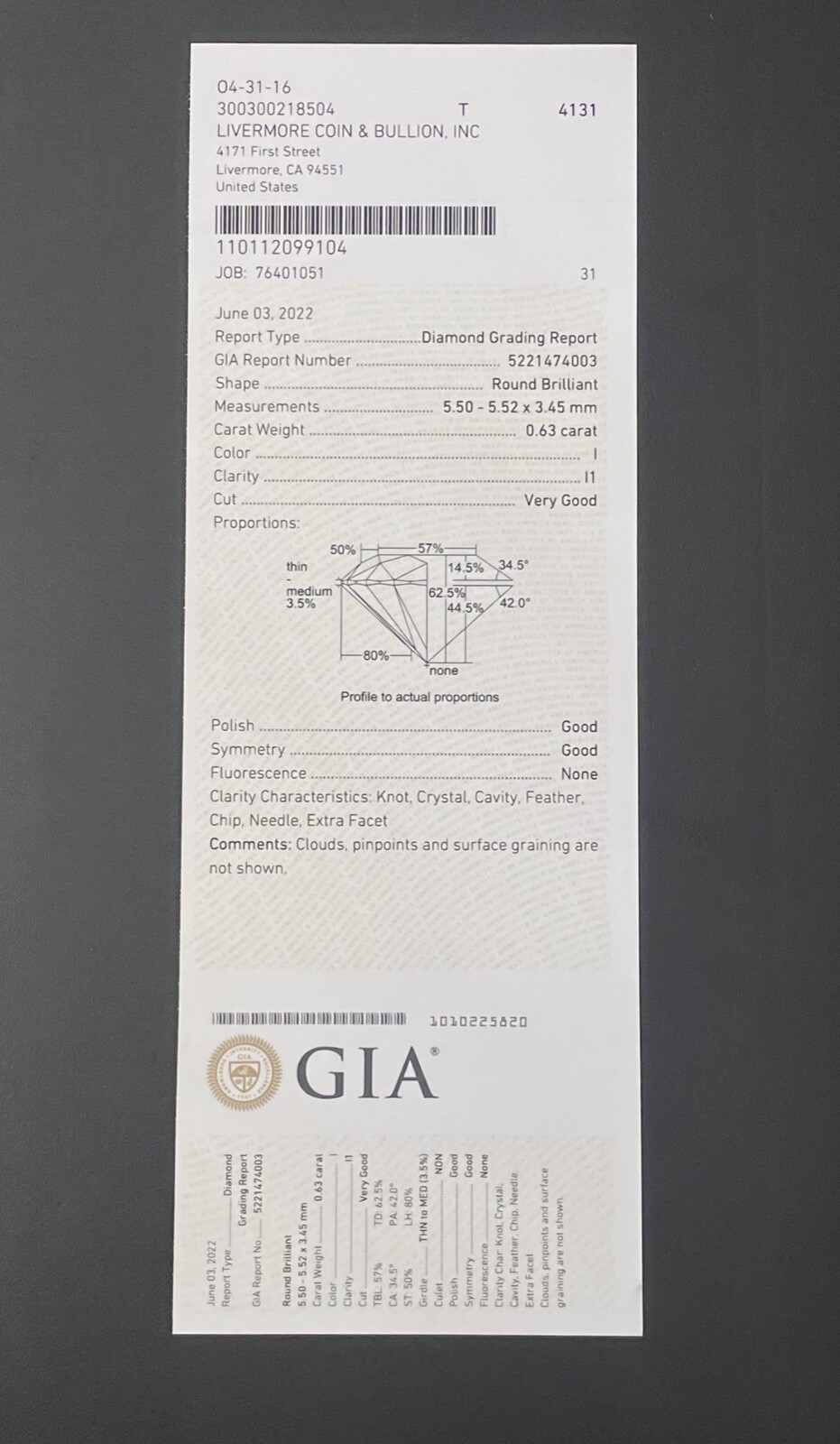 Beautiful Diamond .63 Carat I Color I1 Clarity Cut Grade Very Good GIA Cert.