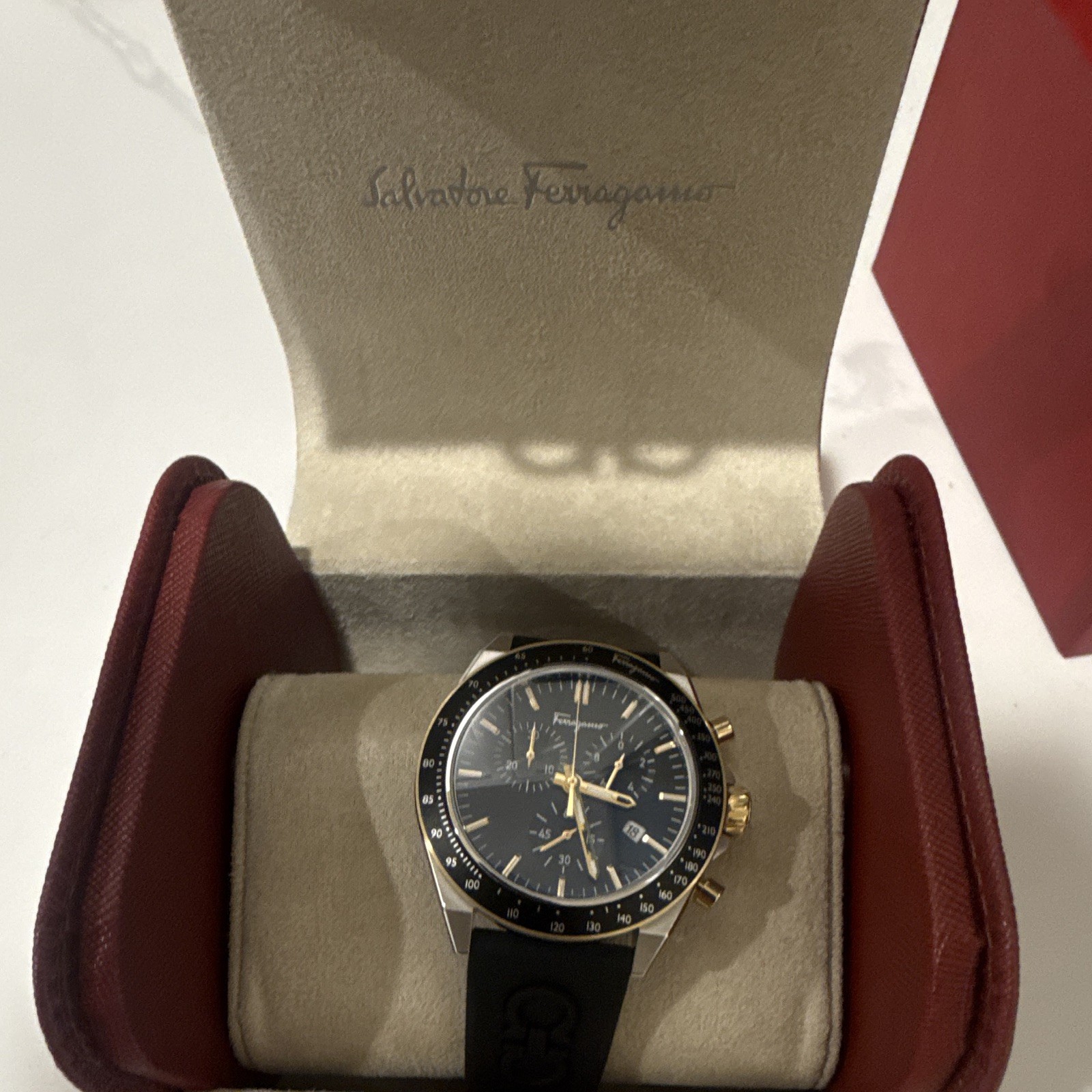 Salvatore Ferragamo Men’s Quartz Chronograph Tachymeter Black Dial Watch w/Box