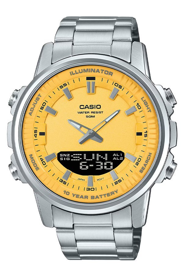 Casio Yellow AMW-880D-9AV 10 years Battery Design Stainless Steel Band Watch