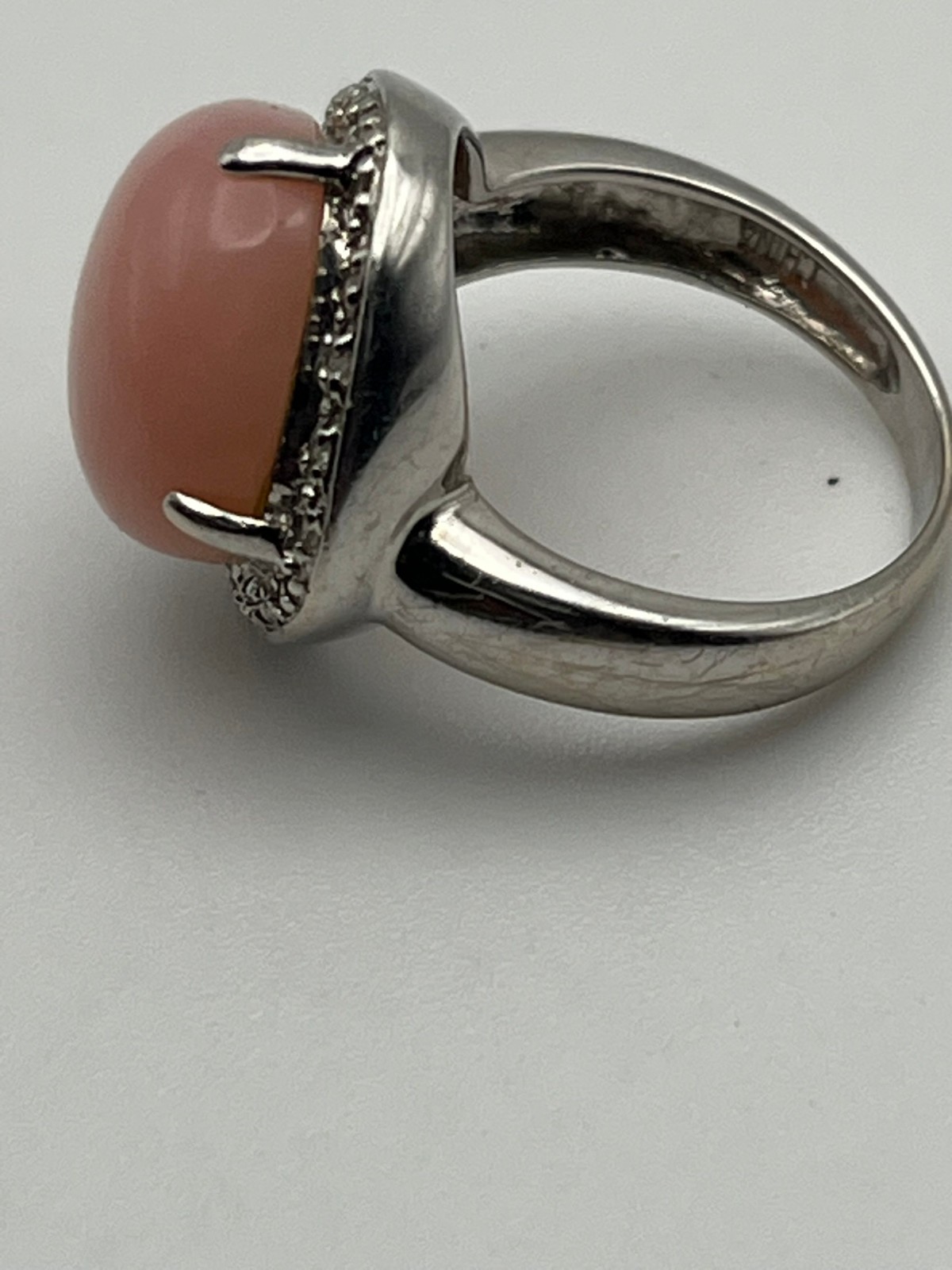 14K Solid White Gold Pink Coral Stone and Diamond Halo Ring Size 5.25