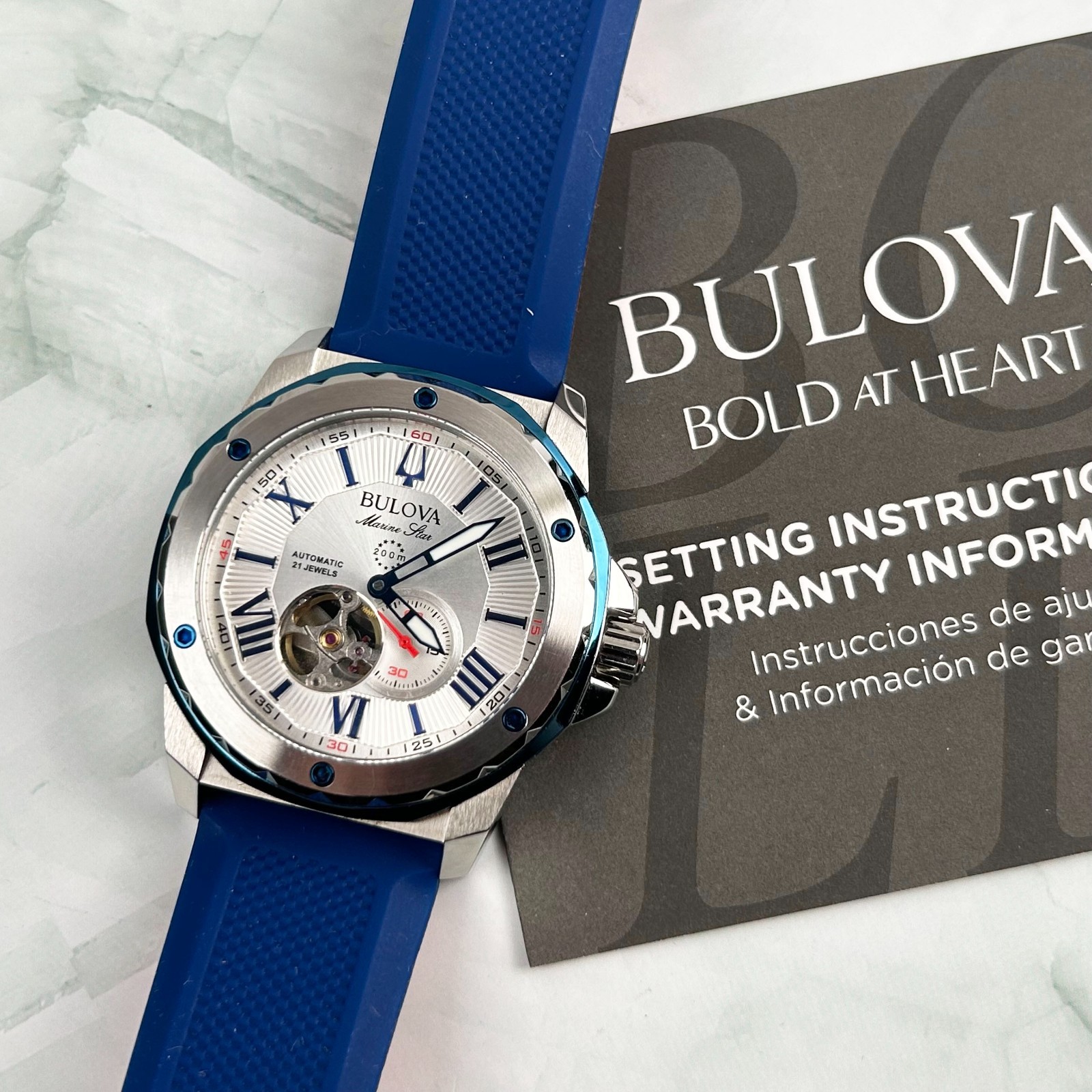 Bulova Marine Star 98A225 White Dial Blue Rubber Strap Men Automatic Watch 45MM
