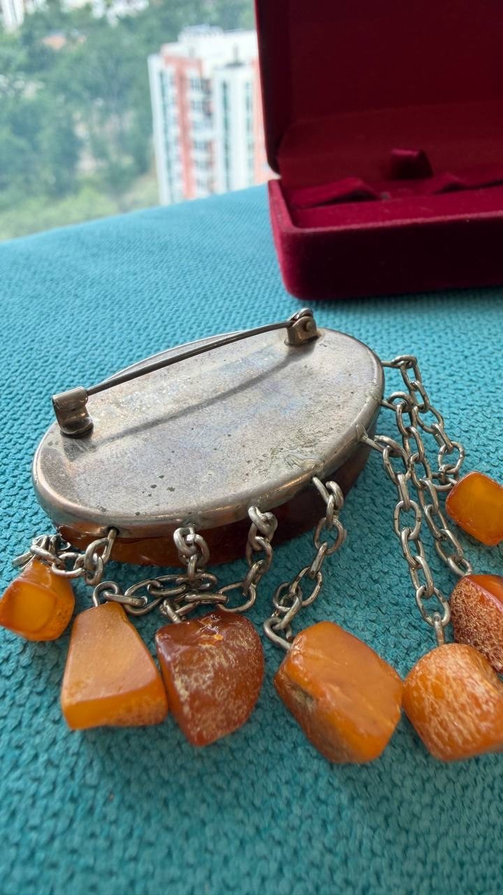 Vintage USSR Baltic Amber Mosaic Brooch Dangle Natural Amber 22g Rare