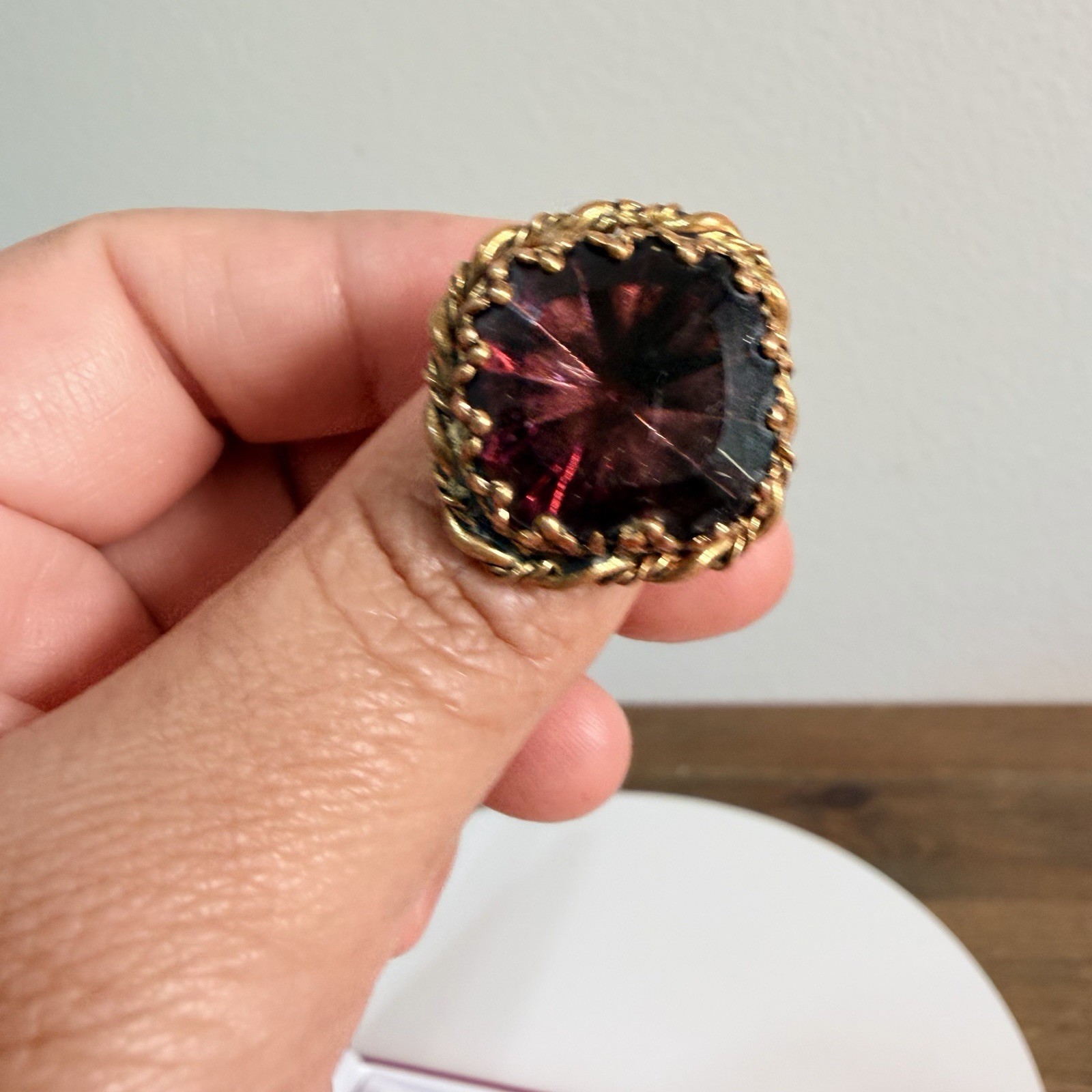 VTG West Germany Purple Porphyry Slag Glass Twisted Brass Shank Adjustable Ring