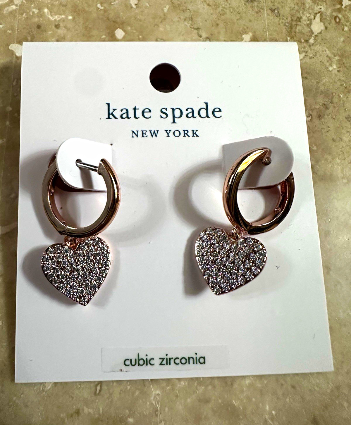 Kate Spade Rose Gold Hoop Earrings Heart Dangle Pavé CZ