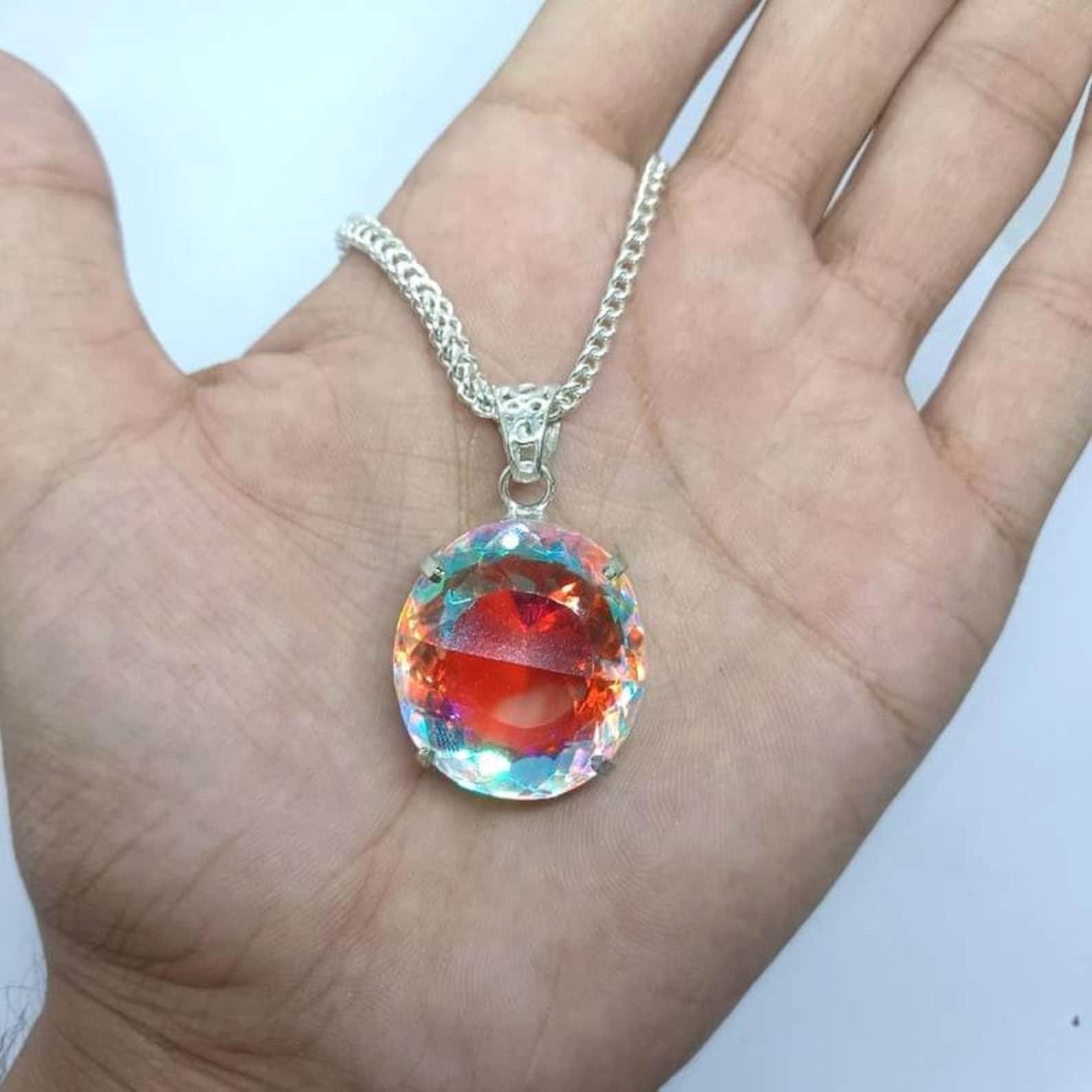 50-60 Ct Rainbow Mystic Topaz Pendant, Oval Shape Healing Stone Necklace