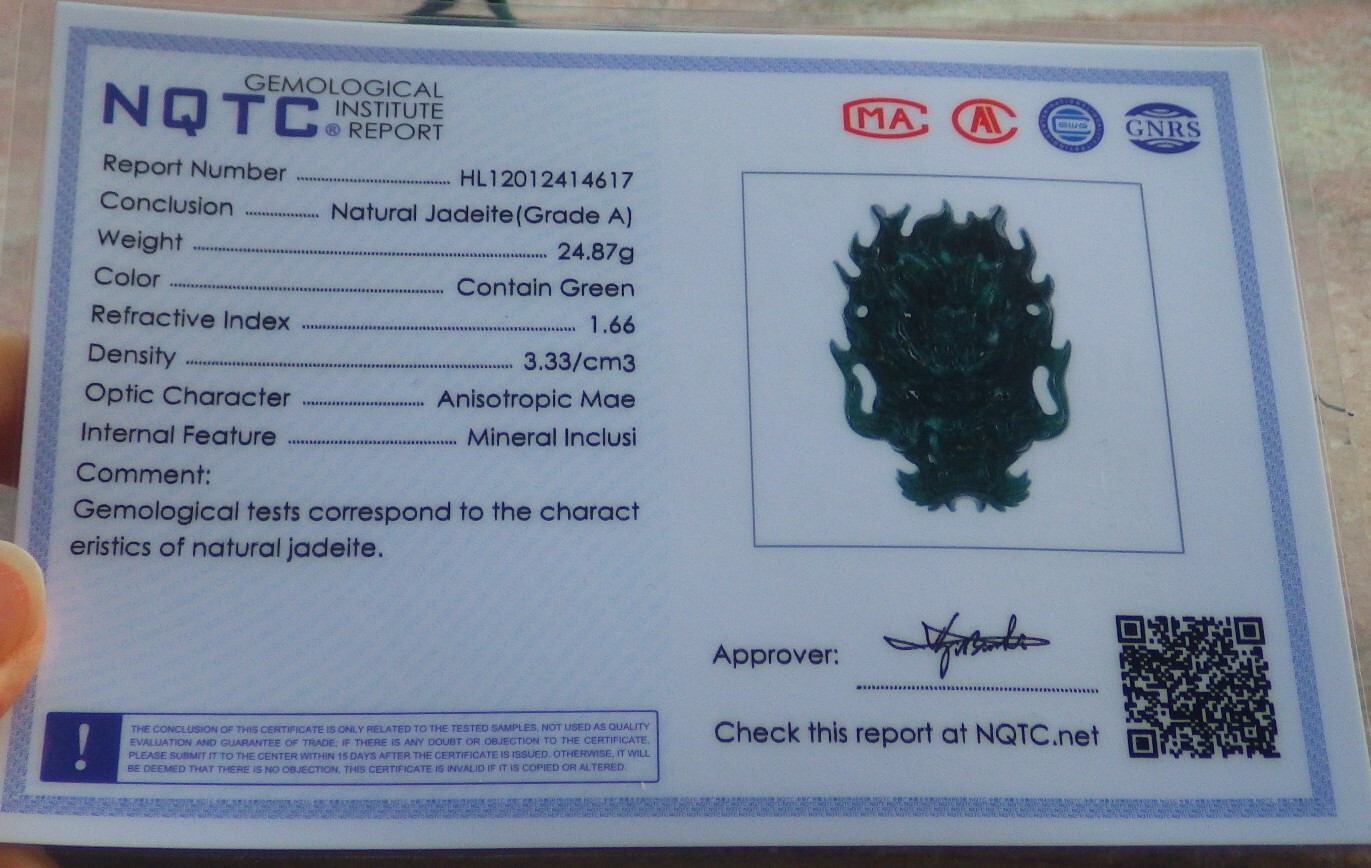 Certified Green Natural 100% A JADE JADEITE PENDANT Dragon Head 龙头 114202 TS