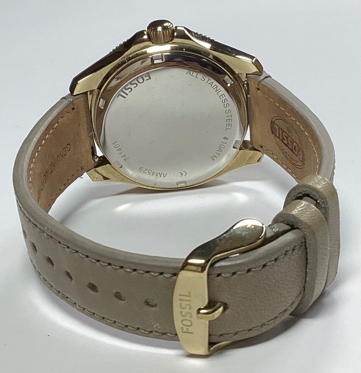 Fossil Womens Watch AM4529 Gold Cream Multi-dial Day Date Taupe Band New Battery
