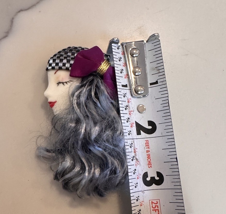 Lady Head Porcelain Brooch Hand Painted Long Gray Hair SEE DETAILS Repair Needed