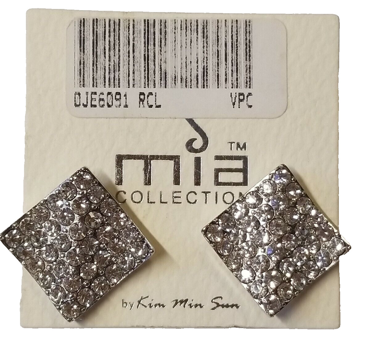 Earrings Kim Min Sun Mia Diagonal Square Silver Tone with Clear Faux Gems 1/2″