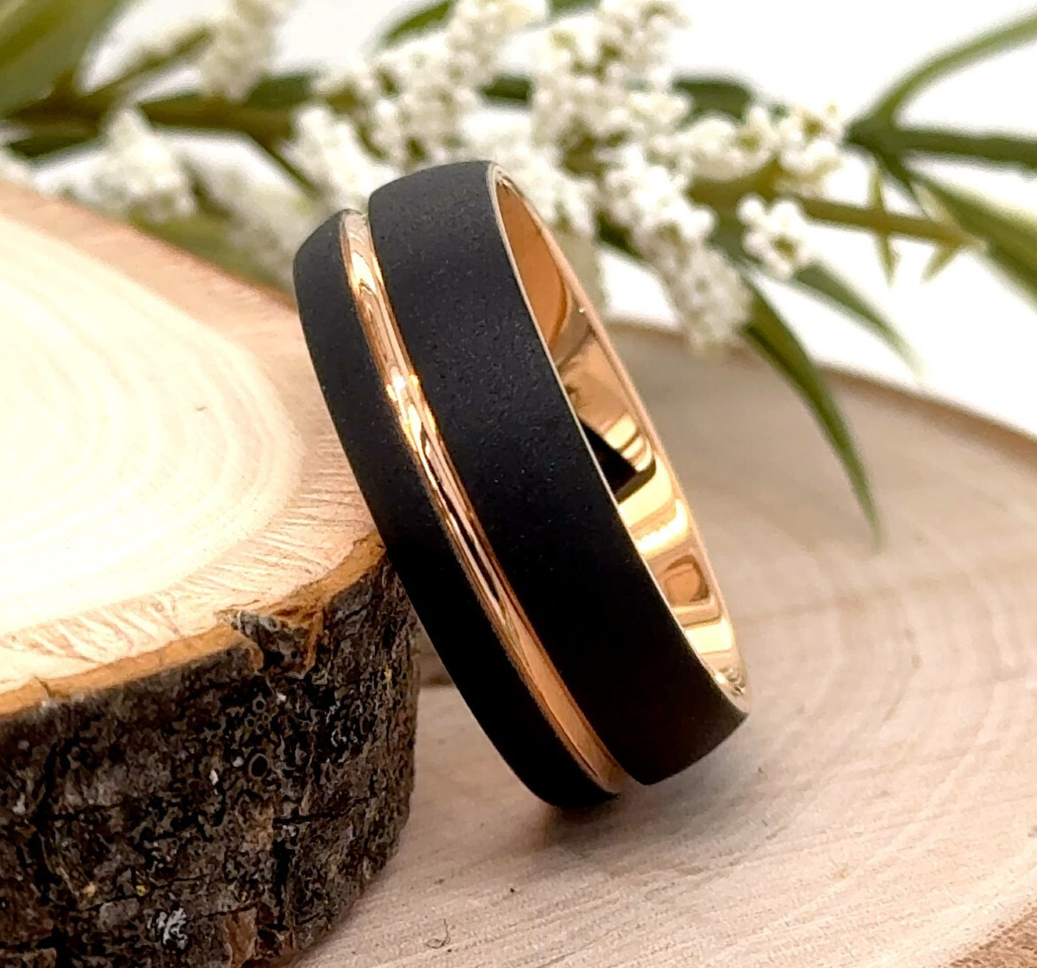 Matt Finish Beveled Edge Christmas Gift Band 8mm Black & Rose Gold Tungsten Ring