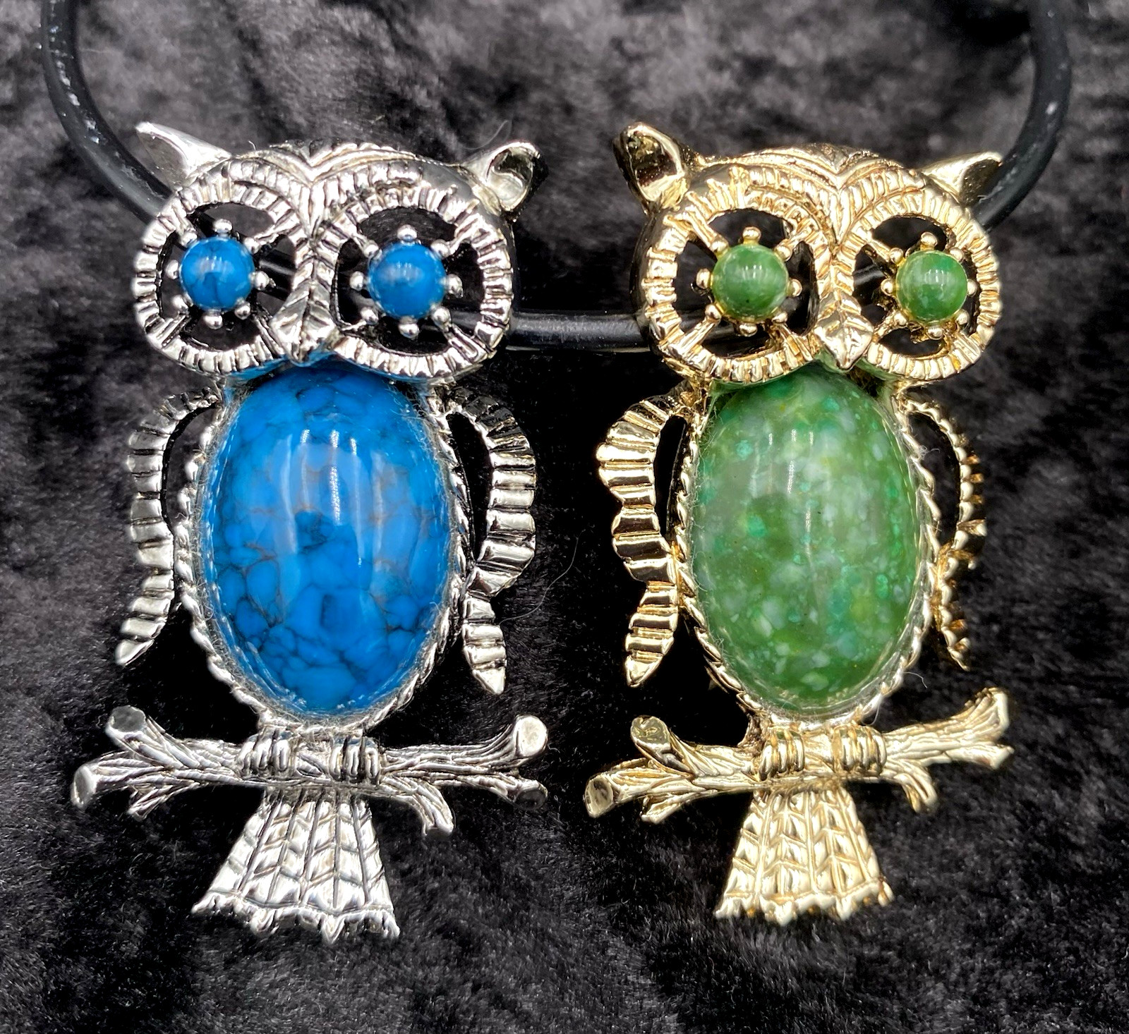 Pair – Vtg. Gerry’s Owls, Brooch/Pendant, Silver & Turquoise + Gold and Green