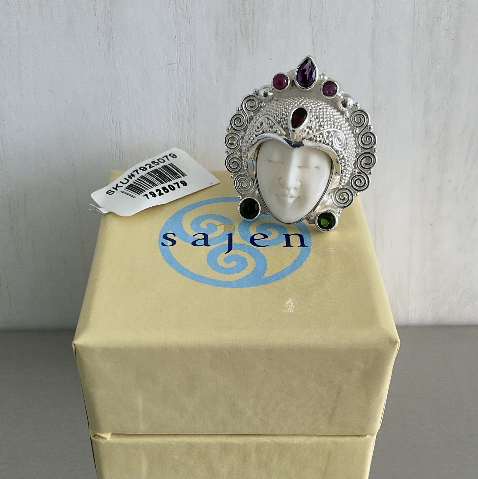 Sajen Silver Carved Goddess Ring Multi Gemstones 925 Sterling Silver Size 7